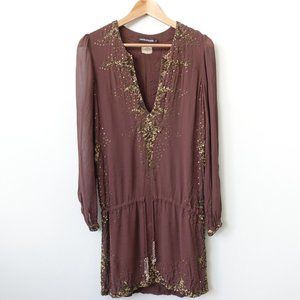 Antik Batik Dress Size Small Silk Hippie Puffed Tunic Sequin Mini Boho Waist Tie